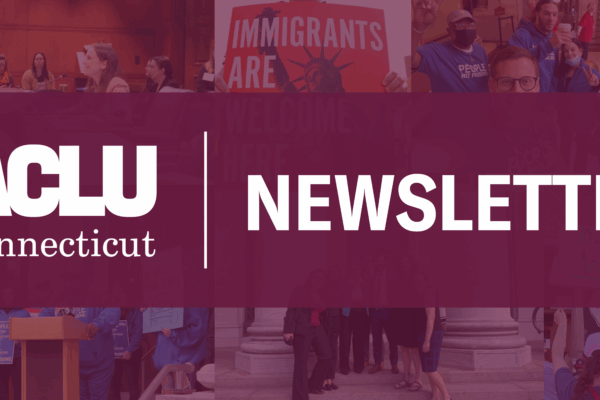 Under a translucent mulberry rectangle is a collage of six photos of the ACLU staff from the year. On top is an opaque mulberry banner that runs through the middle with the ACLU-CT logo and "NEWSLETTER" in white.