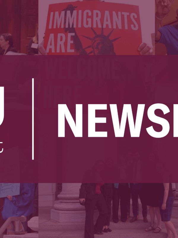 Under a translucent mulberry rectangle is a collage of six photos of the ACLU staff from the year. On top is an opaque mulberry banner that runs through the middle with the ACLU-CT logo and "NEWSLETTER" in white.