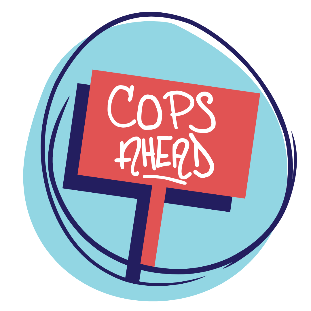 In a light blue bubble, there is a red sign that has white text reading