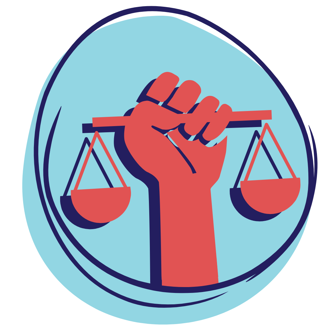 In a light blue bubble, there is a red fist holding the scales of justice with a dark blue shadow.