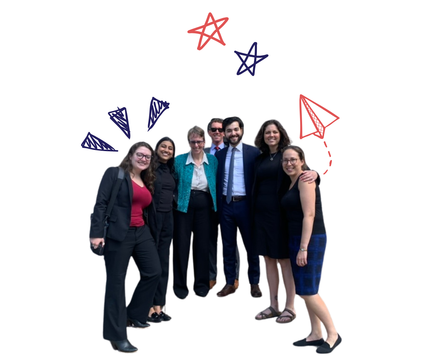 Our legal team is standing smiling at the camera with no background. Doodles of stars are above their heads and a doodle of a paper airplane is coming from the right of the image to mimic a scrapbook feel.