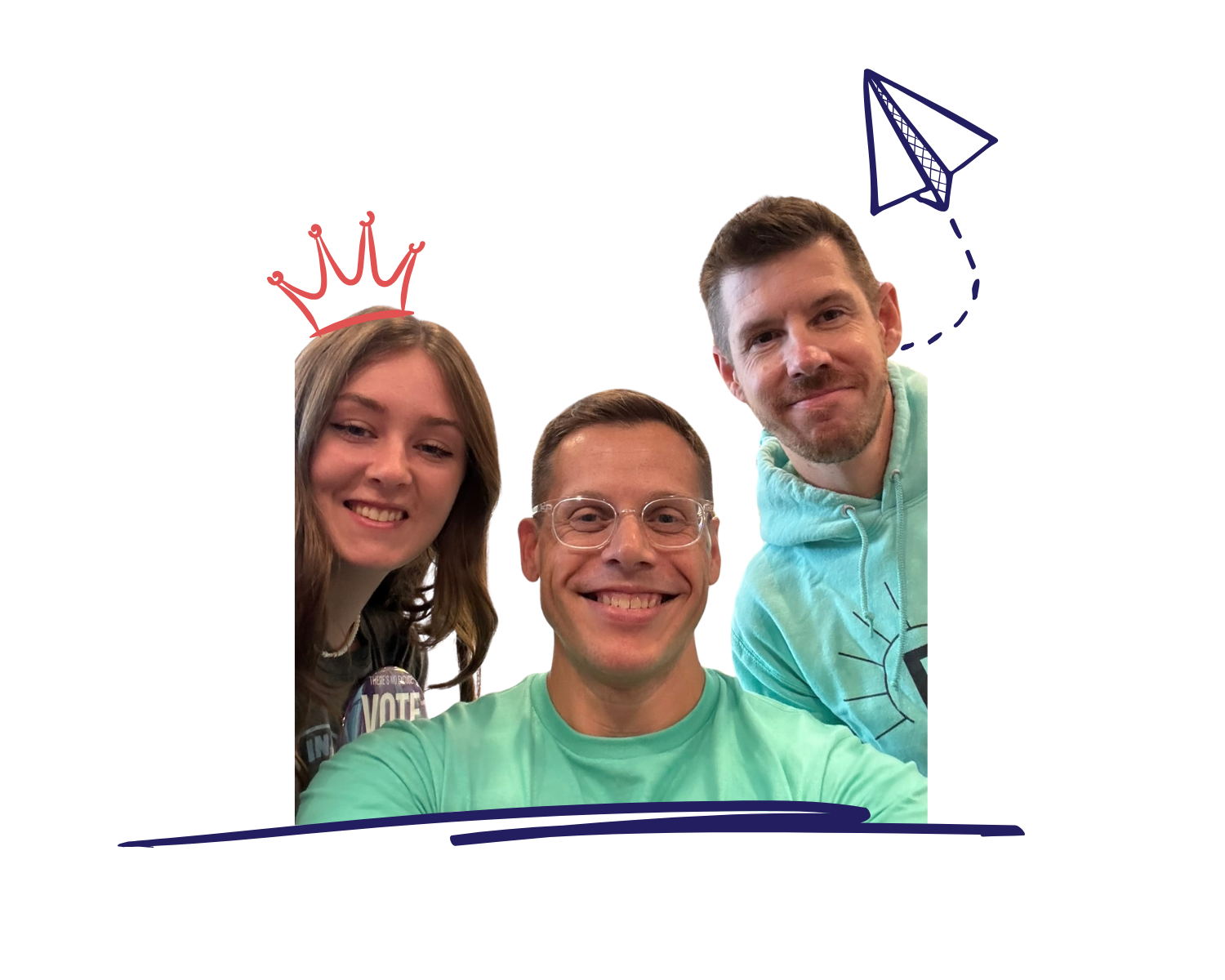 Our Ben & Jerry's representative, Gus our campaign manager, and David our executive director smile at the camera with a doodle of a crown above their heads and a paper airplane doodle coming from the right of the image to mimic a scrapbook feel.