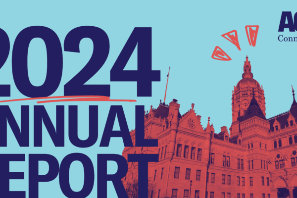 On a light blue background, there is a red overlay of the Capitol building on the right side with dark blue text that reads "2024 ANNUAL REPORT" on the left side. Our logo in the same dark blue sits on the top right corner.