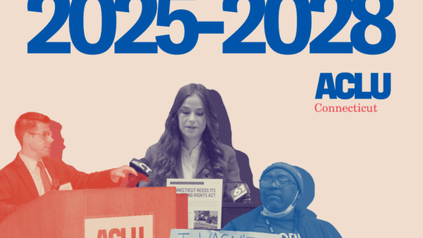 On a beige background, a red image of our executive director, a purple image of our policy counsel, and a blue image of our senior policy organizer are beside each other at the bottom of the image. At the top, centered in blue text reads, "STRATEGIC PLAN"