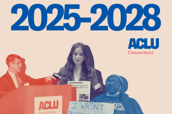 On a beige background, a red image of our executive director, a purple image of our policy counsel, and a blue image of our senior policy organizer are beside each other at the bottom of the image. At the top, centered in blue text reads, "STRATEGIC PLAN"