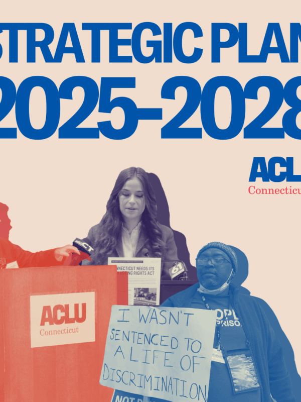 On a beige background, a red image of our executive director, a purple image of our policy counsel, and a blue image of our senior policy organizer are beside each other at the bottom of the image. At the top, centered in blue text reads, "STRATEGIC PLAN"