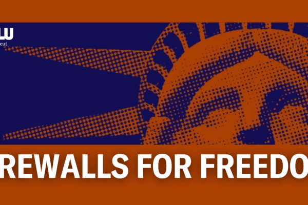 On an orange background is a zoomed in rectangular cut of the Statue of Liberty's face in dark blue. Below the cut out is white text that reads "FIREWALLS FOR FREEDOM."