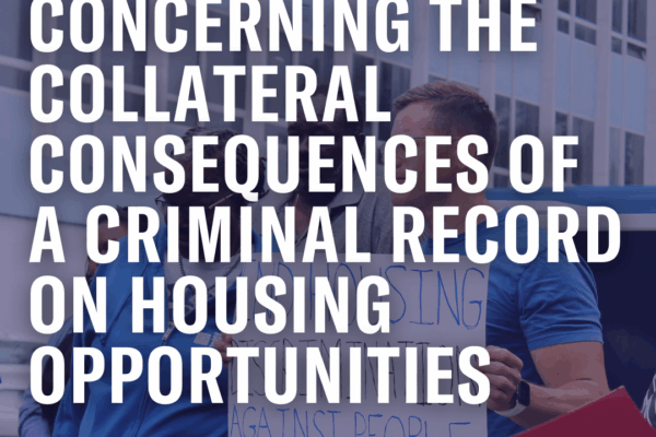 On a faded photo of Gus with a sign that reads "End Housing Discrimination Against People Living with a Record", there is the following text in white font: "H.B. 6948: An Act Concerning the Collateral Consequences of a Record on Housing Opportunities."