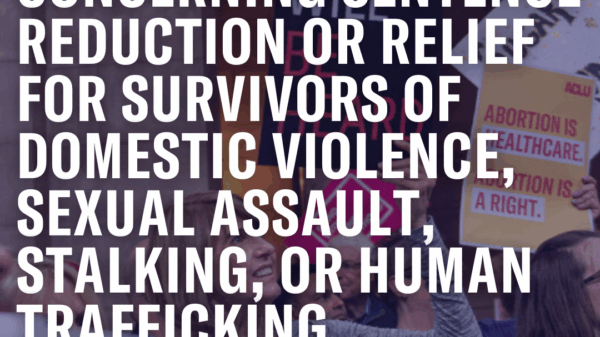 In front of a faded photo of people at a reproductive justice rally, the following text appears in white: "S.B. 1502: AN ACT CONCERNING SENTENCE REDUCTION OR RELIEF FOR SURVIVORS OF DOMESTIC VIOLENCE, SEXUAL ASSAULT, STALKING, OR HUMAN TRAFFICKING"