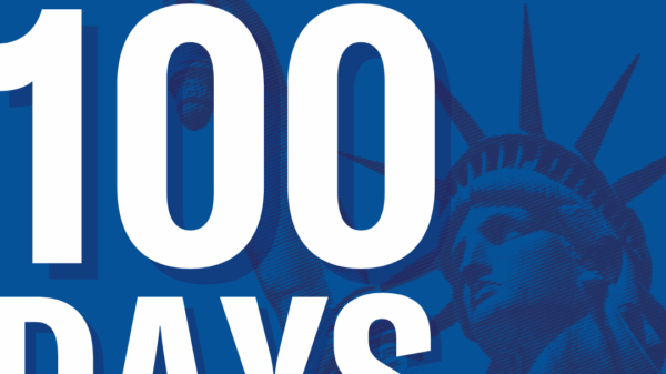 On a blue background, a translucent overlay of a dark blue Lady Liberty stands behind white text that reads "THE FIRST 100 DAYS"