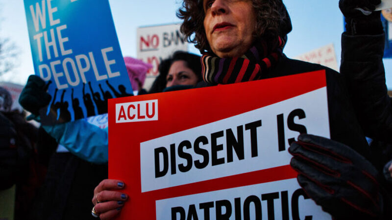 A white woman is in the crowd with a red sign that says "Dissent is Patriotic." Behind him is a blue sign that says, "WE THE PEOPLE."