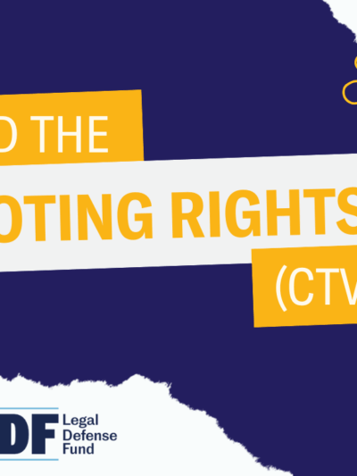 On a navy blue background, there is a set of three boxes clustered together with the words "Fund the CT Voting Rights Act (CTVRA)" in the boxes. In the bottom left corner, the ACLU-CT logo and LDF logo sits on a piece of ripped paper.
