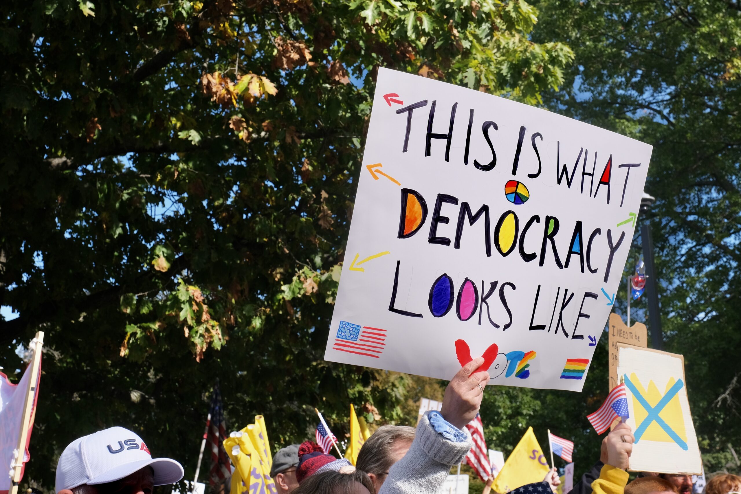 In front of a green tree, a white hand is holding up a white sign that reads: "THIS IS WHAT DEMOCRACY LOOKS LIKE"
