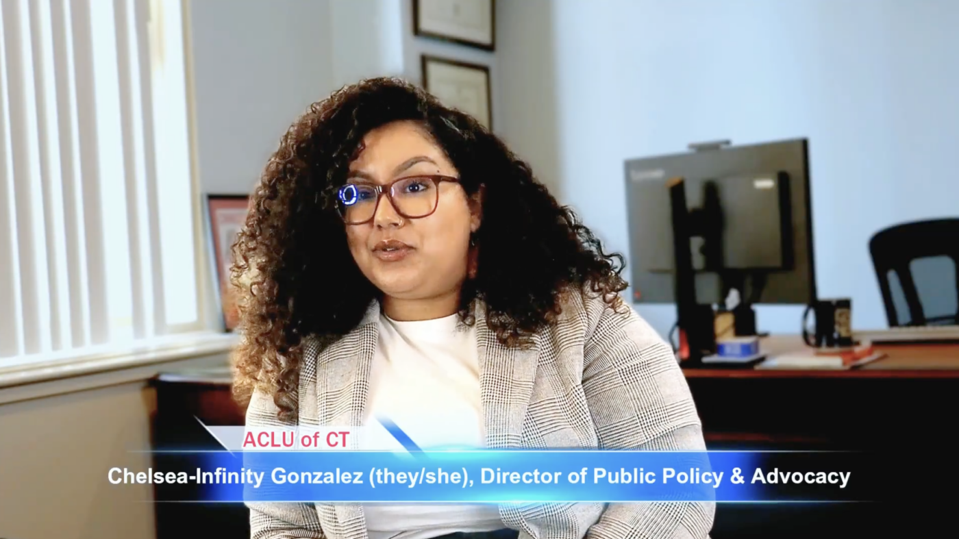 Chelsea-Infinity Gonzalez, our public policy and advocacy director, sits in front of the camera.