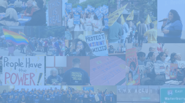 A collage of photos featuring our staff at events, rallies, etc. is below a translucent blue card.
