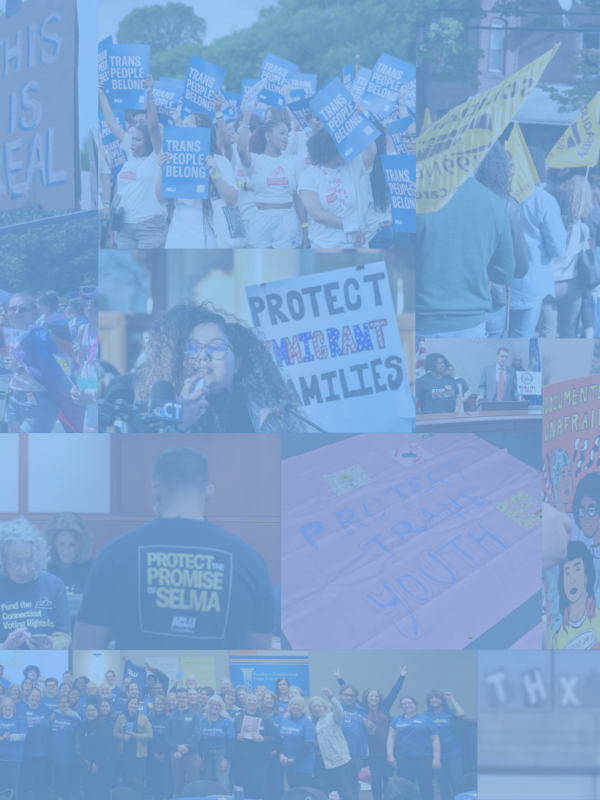 A collage of photos featuring our staff at events, rallies, etc. is below a translucent blue card.