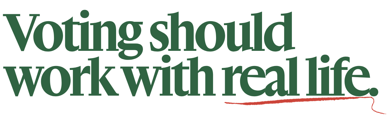 On a transparent background is "Voting should work with real life" in dark green font. A red squiggle is right below "real life".