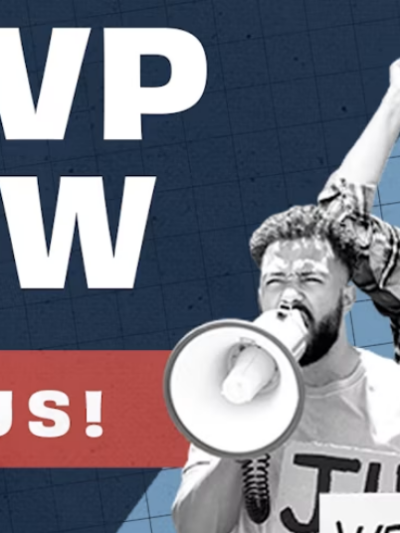 The image is split with about 2/3 on the left being navy blue and the remaining 1/3 on the right being light blue with a grid pattern. On the left reads in white "RSVP NOW JOIN US!" and on the right is a collage of three people with signs, megaphones, and are clearly protesting.