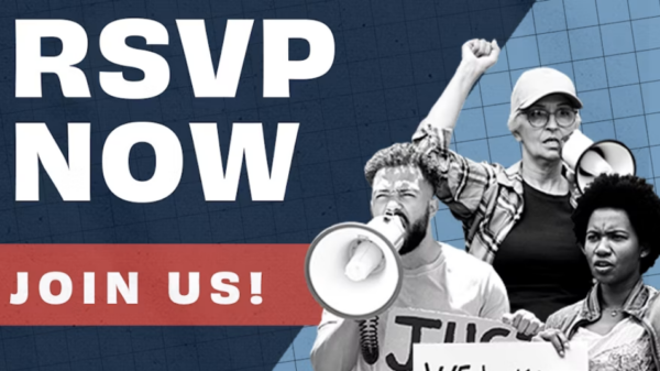 The image is split with about 2/3 on the left being navy blue and the remaining 1/3 on the right being light blue with a grid pattern. On the left reads in white "RSVP NOW JOIN US!" and on the right is a collage of three people with signs, megaphones, and are clearly protesting.
