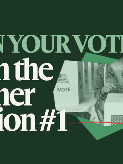On a dark green background is "PLAN YOUR VOTE, CT!" in light green text with white text under it that says "Train the Trainer Session #1". Next to that phrase is a collage of a person at a voting booth in green-scale.