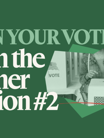 On a green background is "PLAN YOUR VOTE, CT!" in light green text with white text under it that says "Train the Trainer Session #1". Next to that phrase is a collage of a person at a voting booth in green-scale.