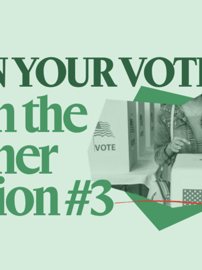 On a light green background is "PLAN YOUR VOTE, CT!" in dark green text with green text under it that says "Train the Trainer Session #1". Next to that phrase is a collage of a person at a voting booth in green-scale.