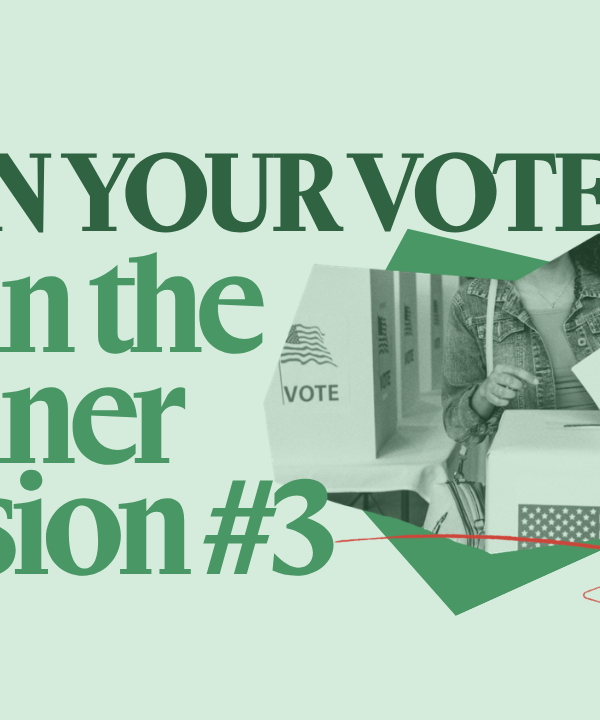 On a light green background is "PLAN YOUR VOTE, CT!" in dark green text with green text under it that says "Train the Trainer Session #1". Next to that phrase is a collage of a person at a voting booth in green-scale.