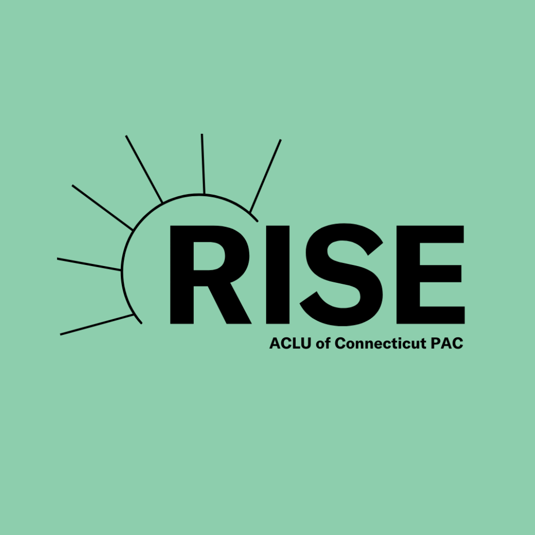 In black, on a green background, is the ACLU of Connecticut Rise PAC logo. A semi-circle with prongs, like a sun or crown, is on the left, over the "r" in "rise". Below, it says "ACLU of Connecticut PAC"