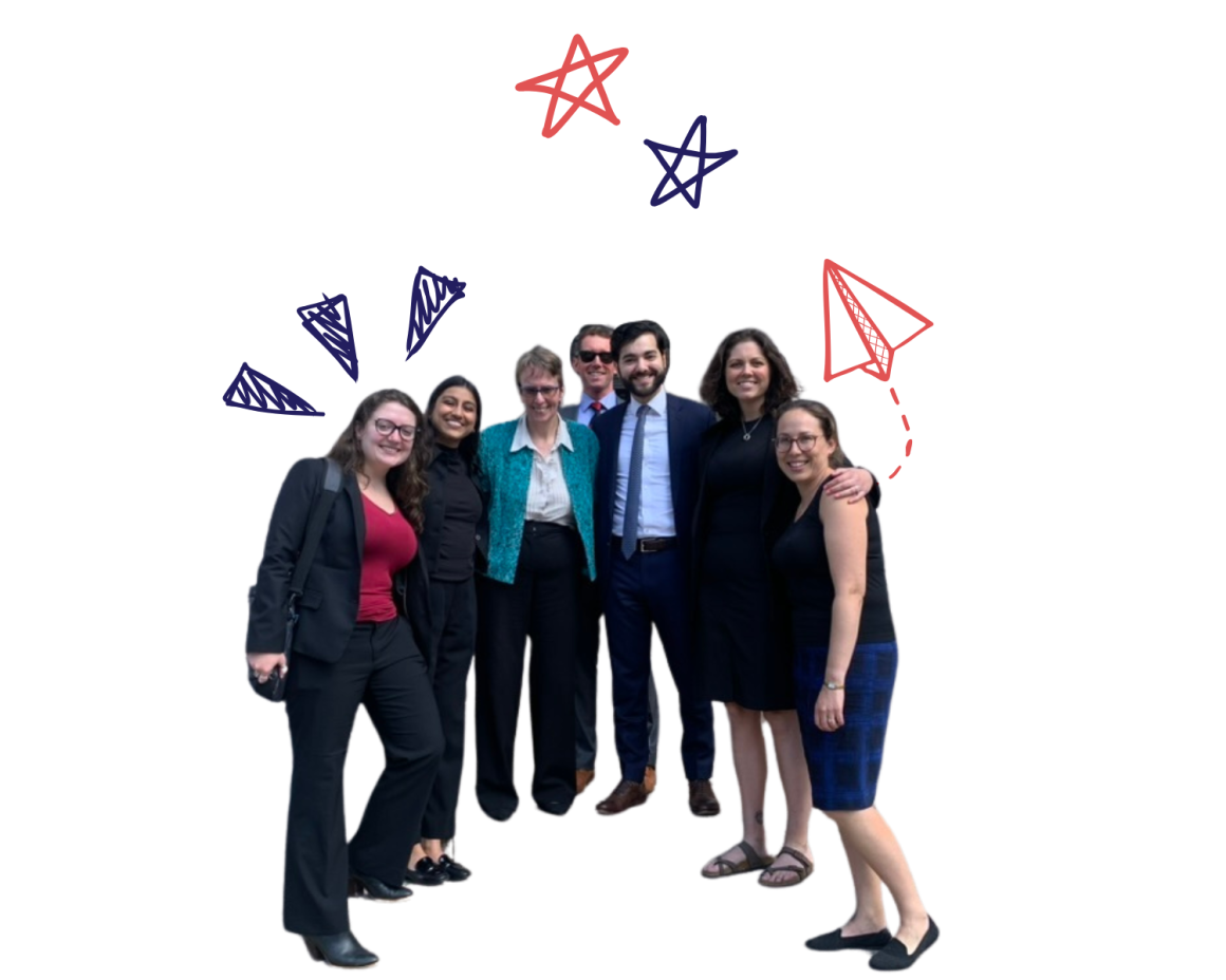 Our legal team is standing smiling at the camera with no background. Doodles of stars are above their heads and a doodle of a paper airplane is coming from the right of the image to mimic a scrapbook feel.