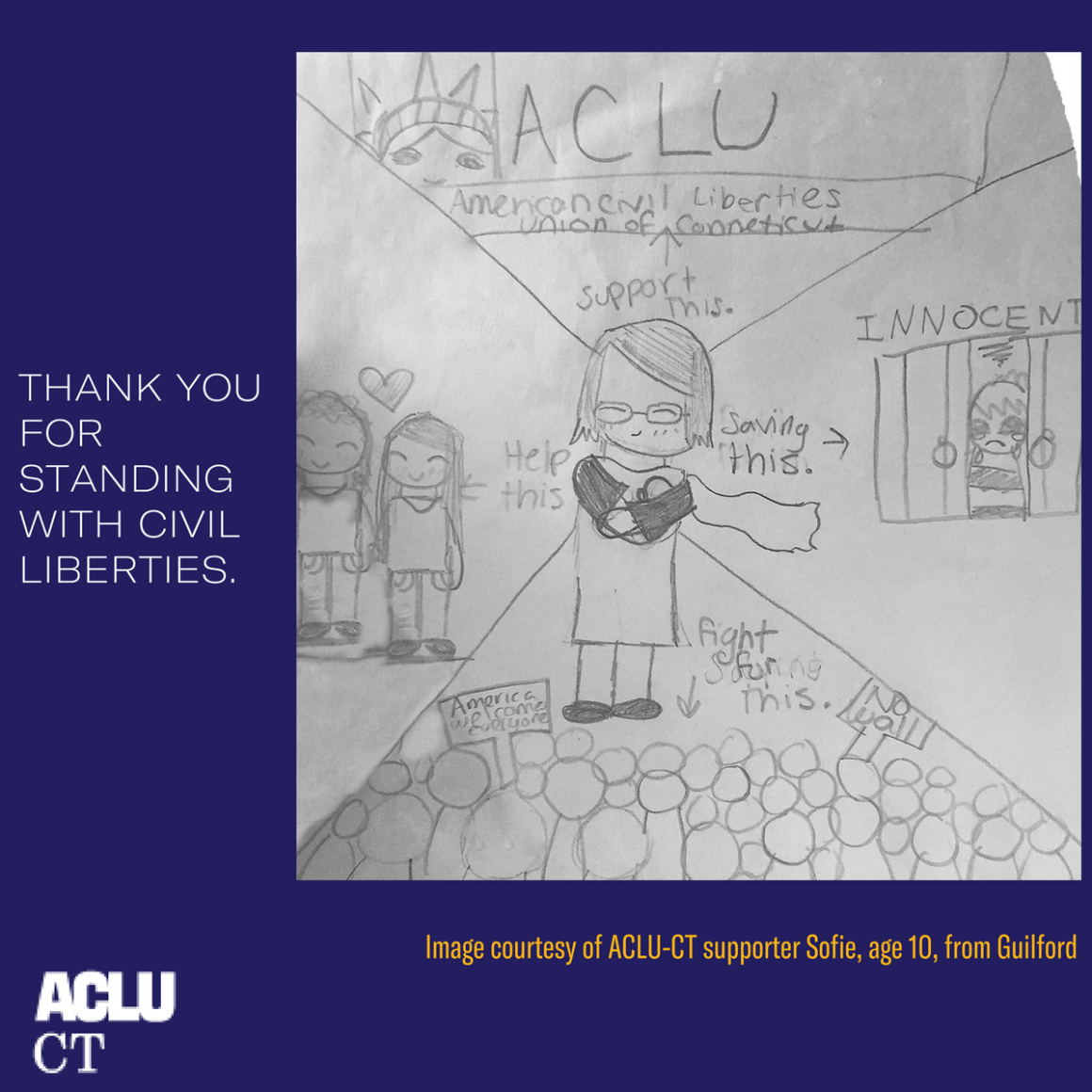 ACLU of Connecticut / CT thank you for standing with civil liberties. Superhero stands next to criminal justice reform, LGBTQ rights, no ban no wall protest