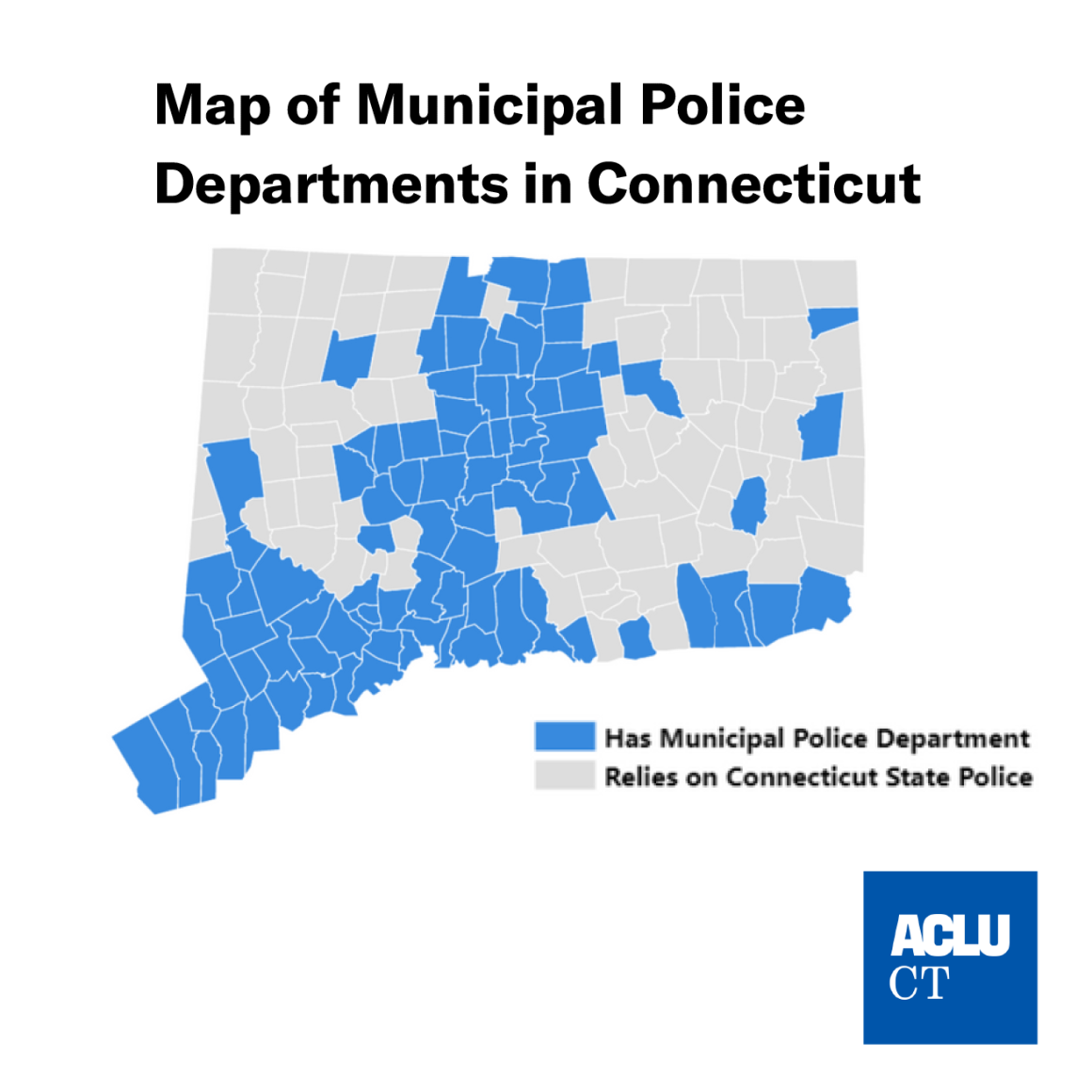 Map of Connecticut by town with municipal police vs reliant on state police