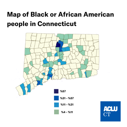 A map of Connecticut towns by % Black or African American residents