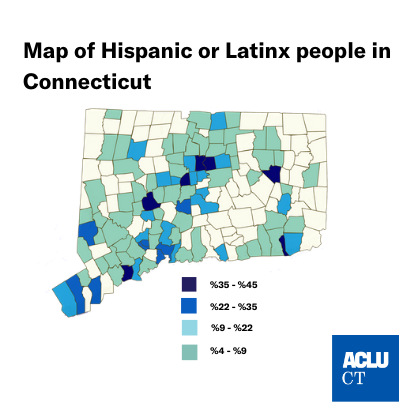 Map of Connecticut by town % Hispanic or Latinx residents