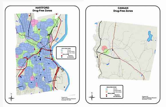 Map showing drug free zones under old state law in Hartford vs. Canaan, Connecticut