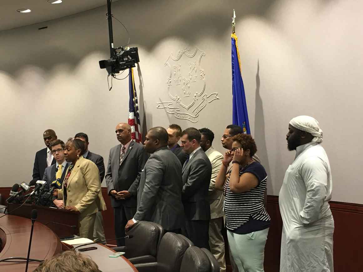 Connecticut state Rep. Robyn Porter speaks at a press conference for police accountability after Bridgeport police shot and killed Jayson Negron