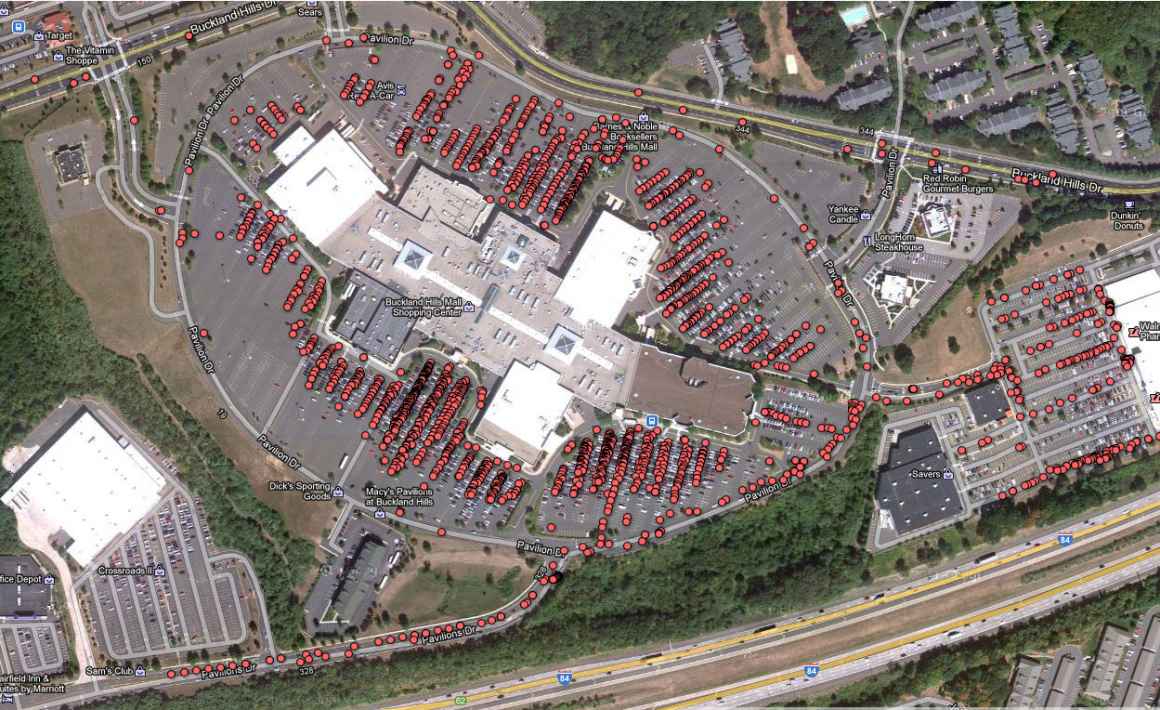 ACLU of Connecticut map of license plate reader scans at the Buckland Hills Mall in Manchester