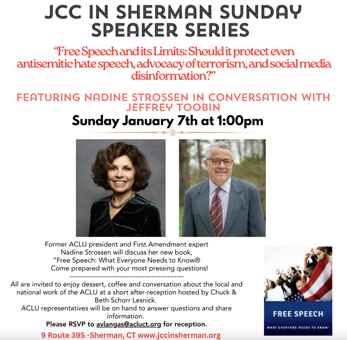 This is an image of a flyer for JCC's speaker event. The event features a conversation between Nadine Strossen and Jeffrey Toobin, who will be talking about free speech and its implications on disinformation.