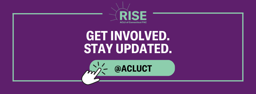On a purple background, the following text appears in white: "Get involved. Stay updated." Below is a green button with black text that says, "@ACLUCT" with a white mouse icon clicking the green button.