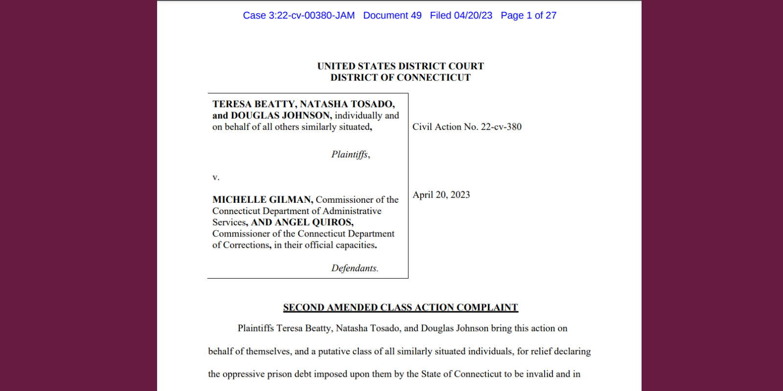 A screenshot of the first page of the amended complaint filed in court in Beatty v Lamont