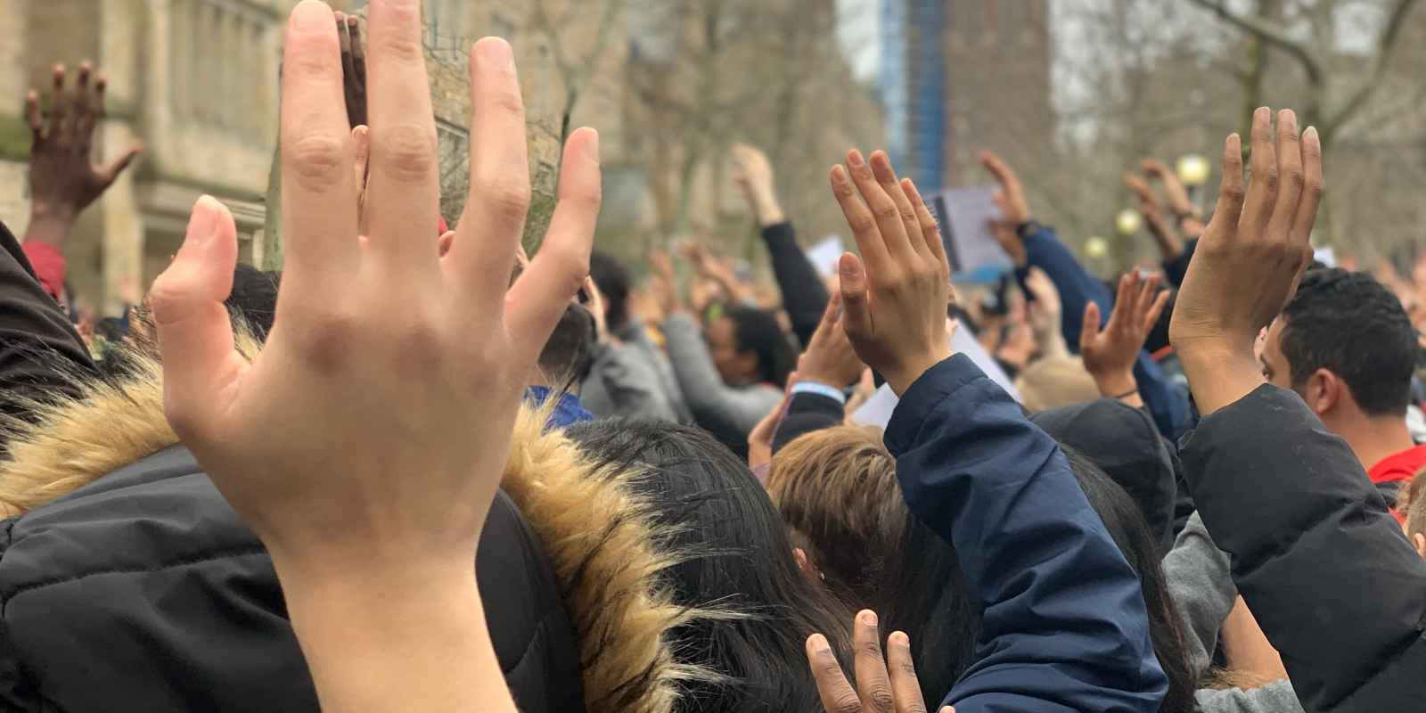 Photo of people with hands raised. 