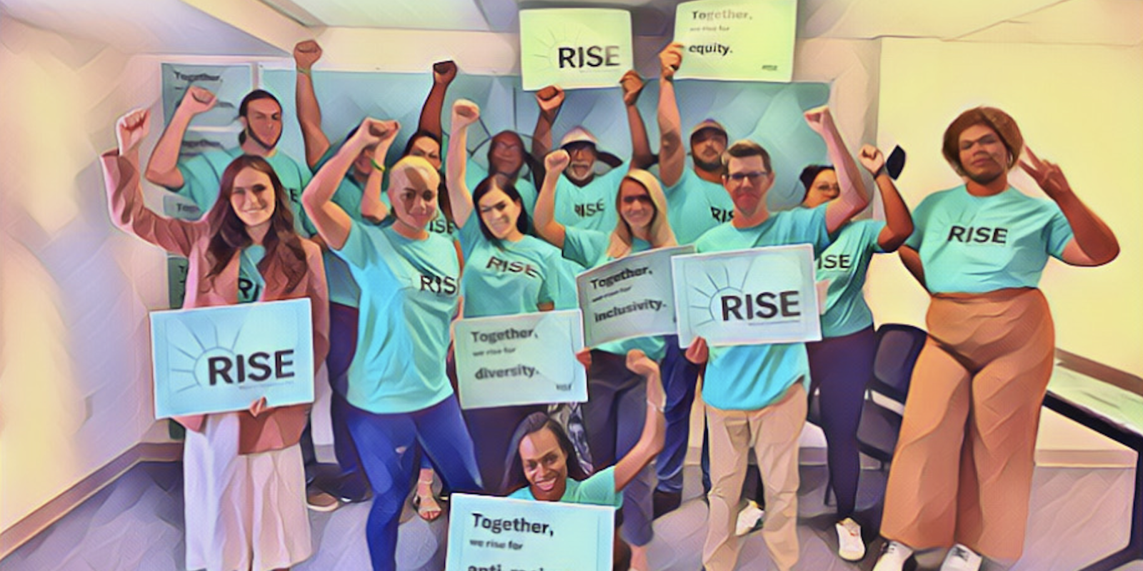 Photo of ACLU-CT staff and Rise PAC volunteers in the office with Rise PAC signs.
