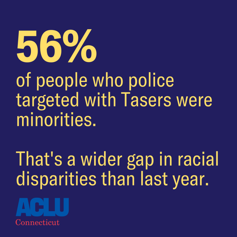 Police tasing in Connecticut: 56 percent of people who police targeted with Tasers in Connecticut were minorities in 2016. That's a wider gap in racial disparities than the prior year. ACLU-CT / ACLU of Connecticut image.