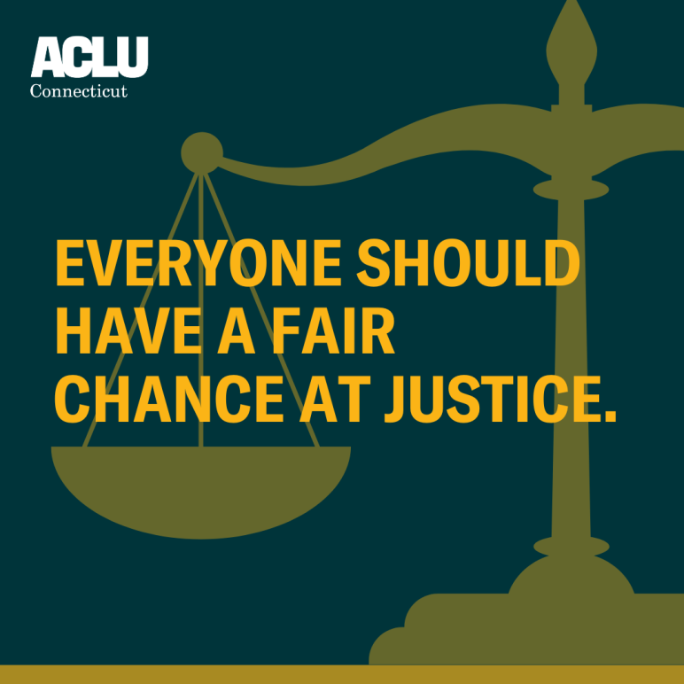 On a dark green background, there is a translucent yellow overlay of scale of justice -- appearing only halfway through the right of the photo. Through the middle, there is the following in yellow text: "Everyone should have a fair chance at justice."