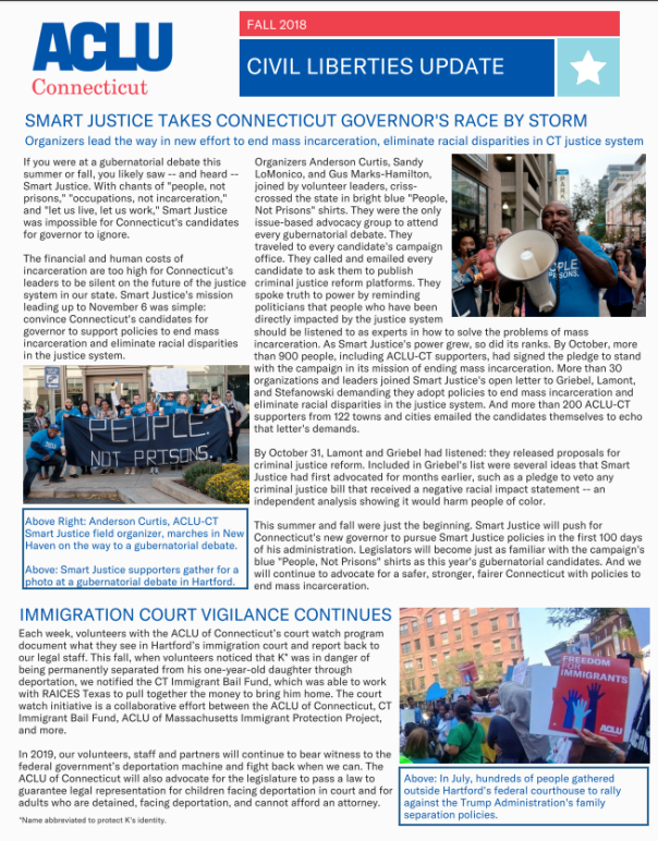 Cover of ACLU of Connecticut ACLU-CT civil liberties update newsletter fall 2018