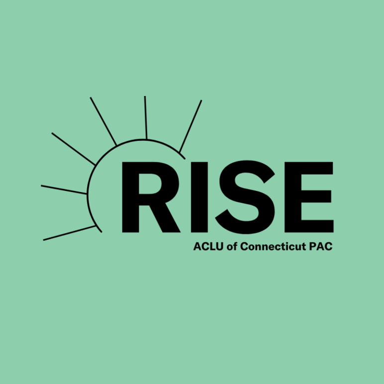 In black, on a green background, is the ACLU of Connecticut Rise PAC logo. A semi-circle with prongs, like a sun or crown, is on the left, over the "r" in "rise". Below, it says "ACLU of Connecticut PAC"