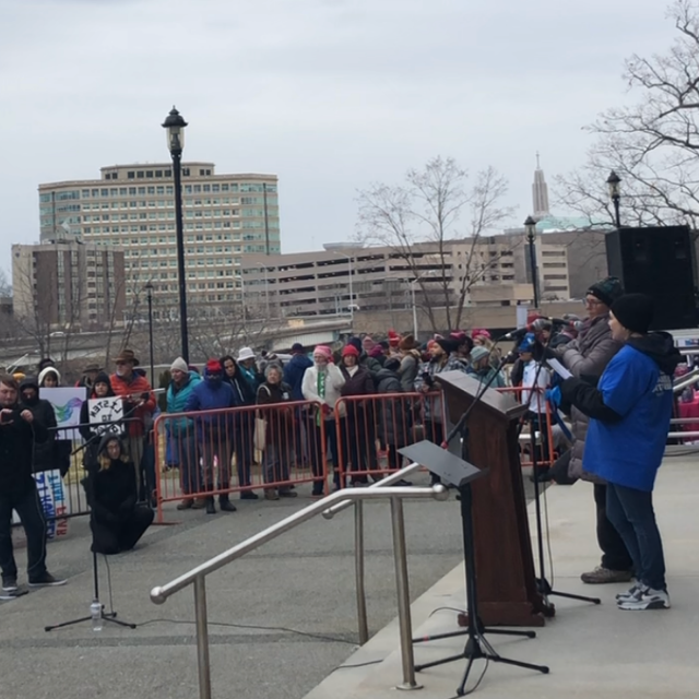 Tracie Bernardi, ACLU Smart Justice Connecticut / CT leader, speaks at the 2019 Women's March in Hartford
