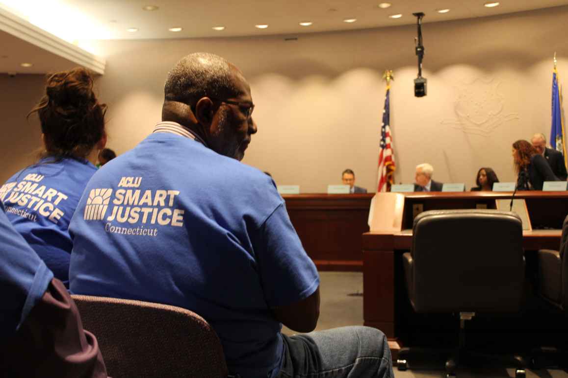 ACLU-CT Smart Justice leaders sit in the audience as the Criminal Justice Commission hears testimony about the Chief State's Attorney search. 