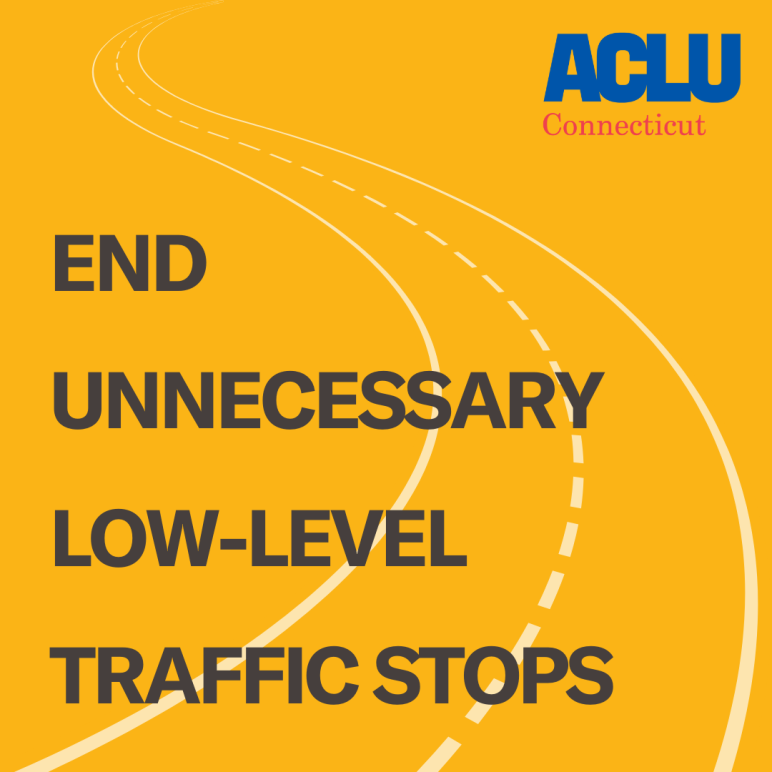 On a yellow background, a translucent image of road lines runs through the middle of the image. In gray text, in the center, appears: “End unnecessary low-level traffic stops.”