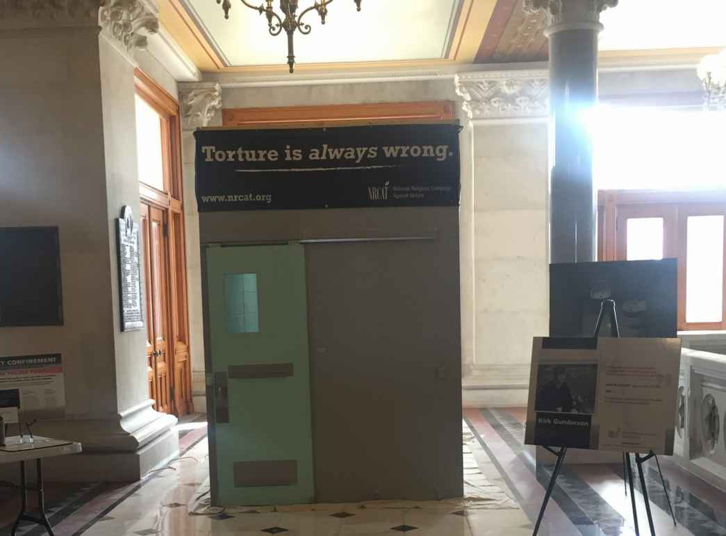 Image of replica solitary confinement cell for "inside the box" exhibit at Connecticut state capitol building