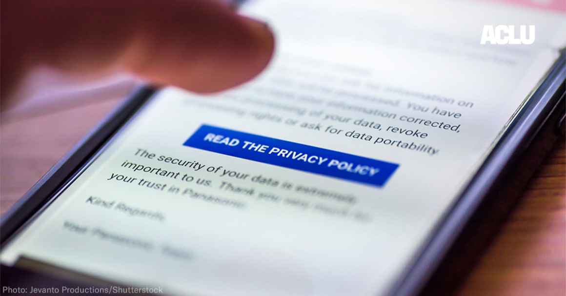 On an iphone screen, a finger can be seen tapped the "Read the Privacy Policy" button among blurred text.
